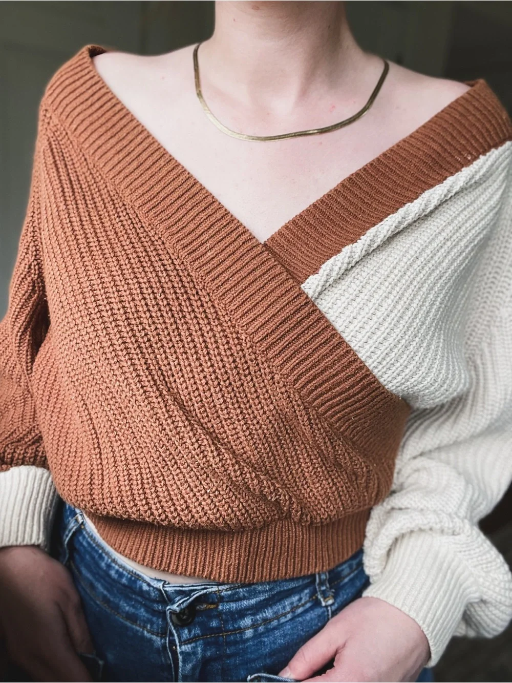 UPWEST Faux Wrap Chunky-knit Sweater - Colorblock - Picture 3 of 4